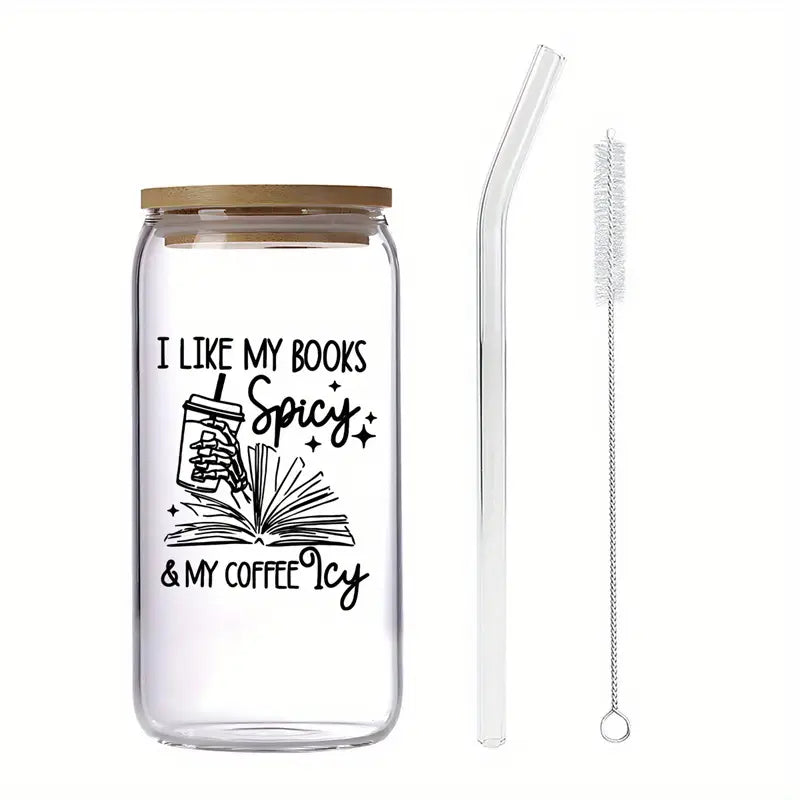16oz Glass Tumbler 'I like my books spicy & my coffee icy'