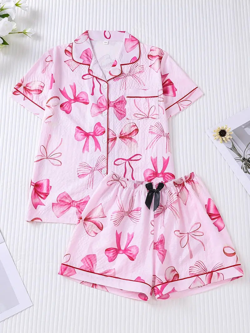 Pink Bow Print Pyjama Set Short Sleeve + Shorts Set Combo