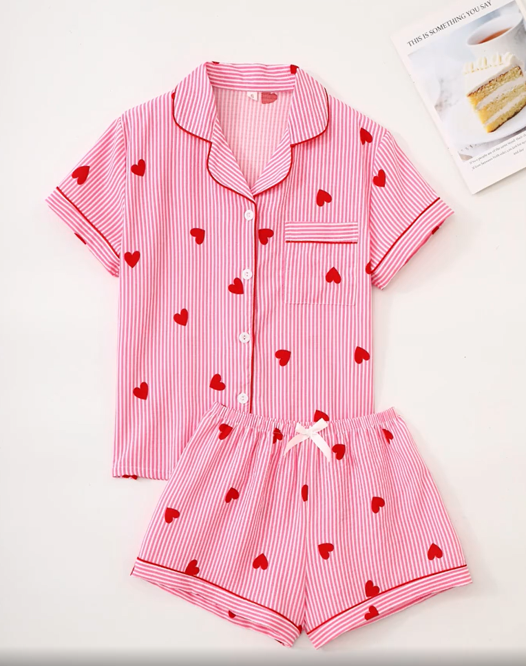Pyjama Set, Short Sleeve Top + Shorts, Red Striped Cute Heart Print
