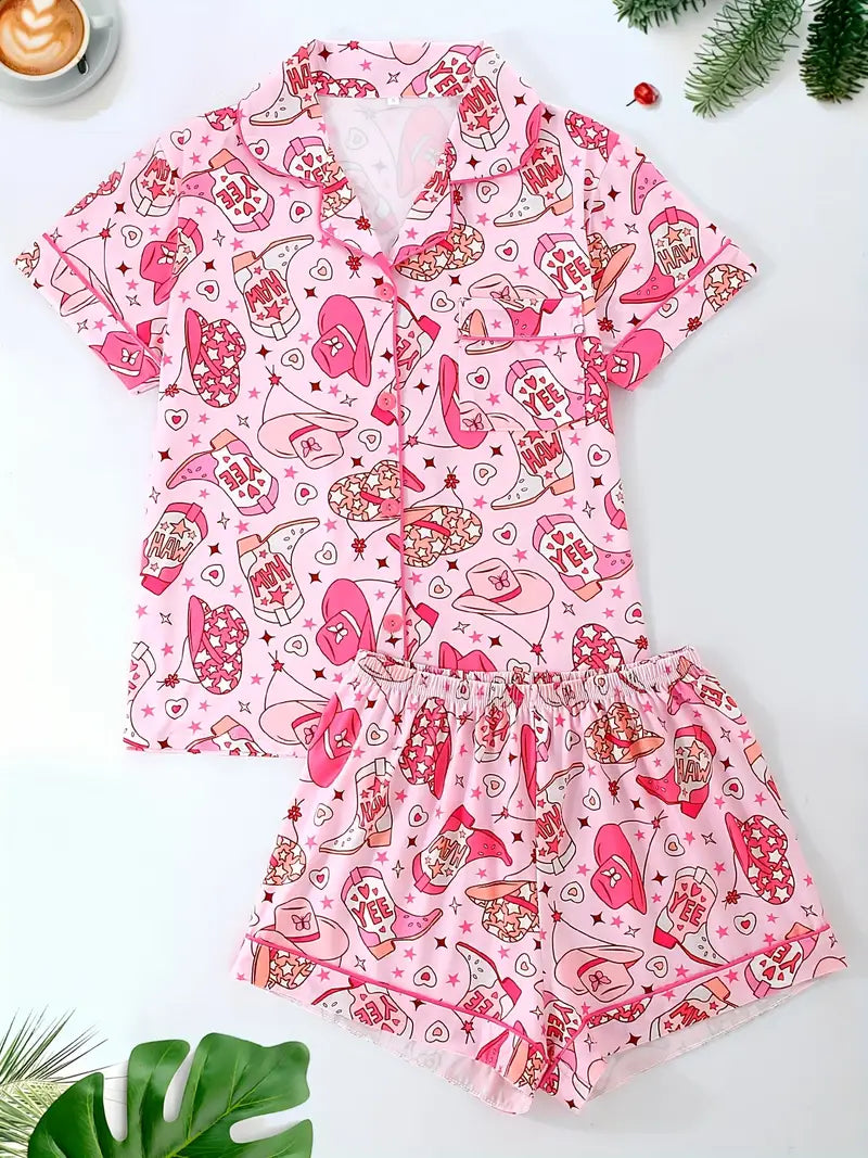 Pyjama set, Cowboy boots, Pink