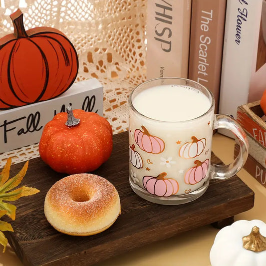 Fall Glass Coffee Mugs with Handle Pink White Pumpkin Star Flower Cup