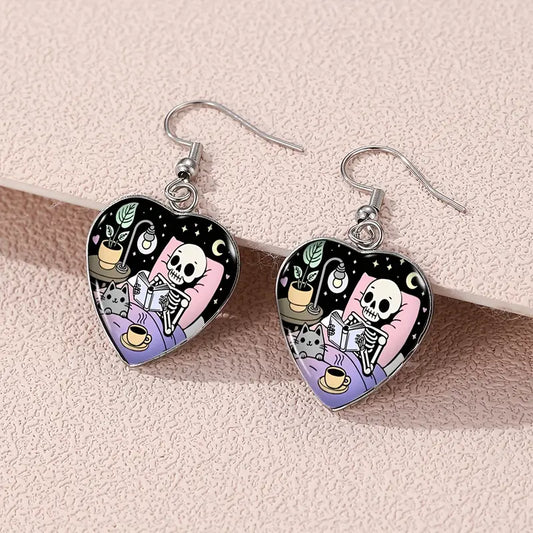 1 Pair of Cosy Reading Skeleton & Cat Ear Earrings