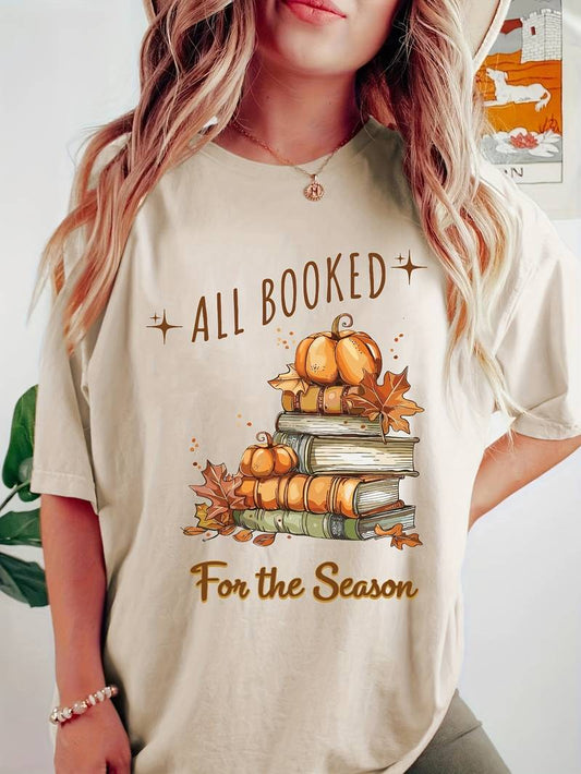 T-Shirt - Autumn Book Lover Design with "All Booked" & Pumpkin Stacked Book