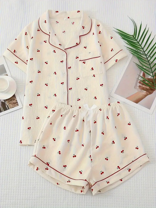 Pyjama set, Cream Cherry Print