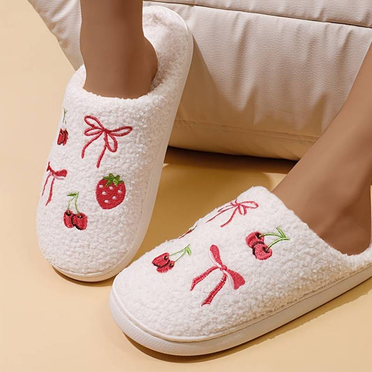 White Bow Strap Strawberry Cherry Slippers