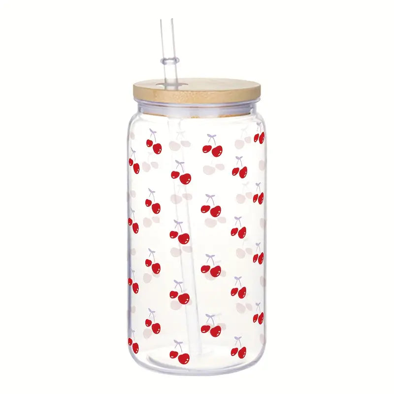 Plastic Tumbler with cherry print, lid and straw