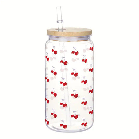 Plastic Tumbler with cherry print, lid and straw