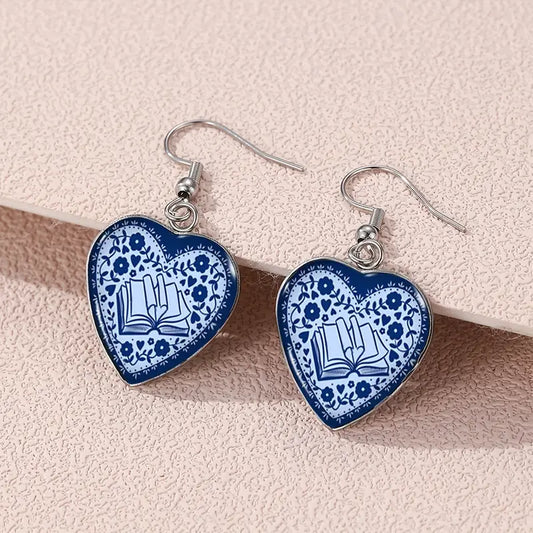 1 Pair Blue Floral & Books Heart-Shaped Earrings