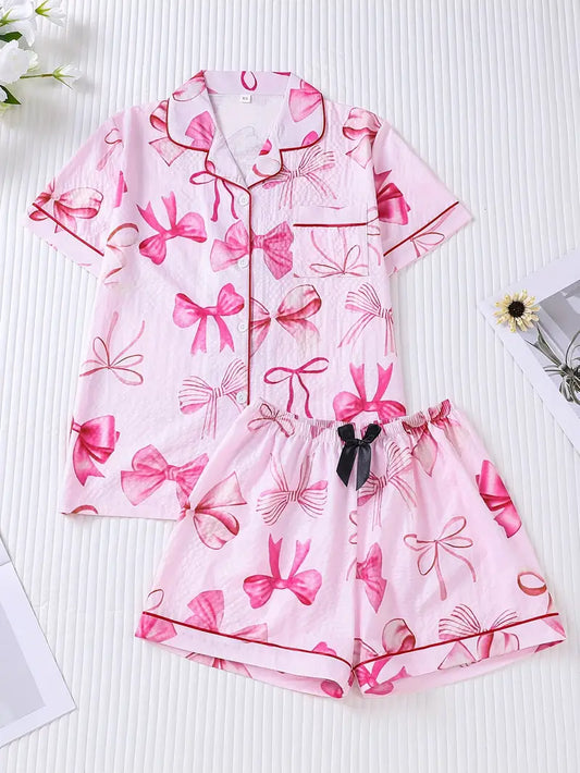 Pink Bow Print Pyjama Set Short Sleeve + Shorts Set Combo