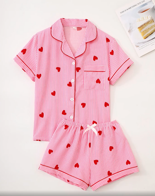 Pyjama Set, Short Sleeve Top + Shorts, Red Striped Cute Heart Print