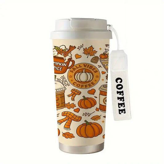 18oz Stainless Steel Insulated Coffee Cup with Autumn Pumpkin Spice Latte Design