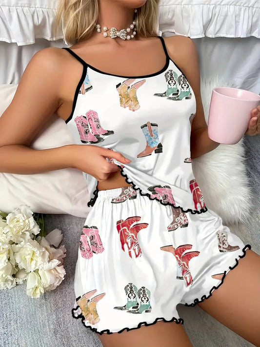 Western Cowboy Hat Print Camisole and Shorts Pajama Set